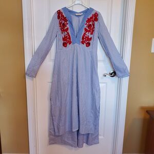 Tory Burch Blue & White Striped Embroidered Maxi Dress Size 6